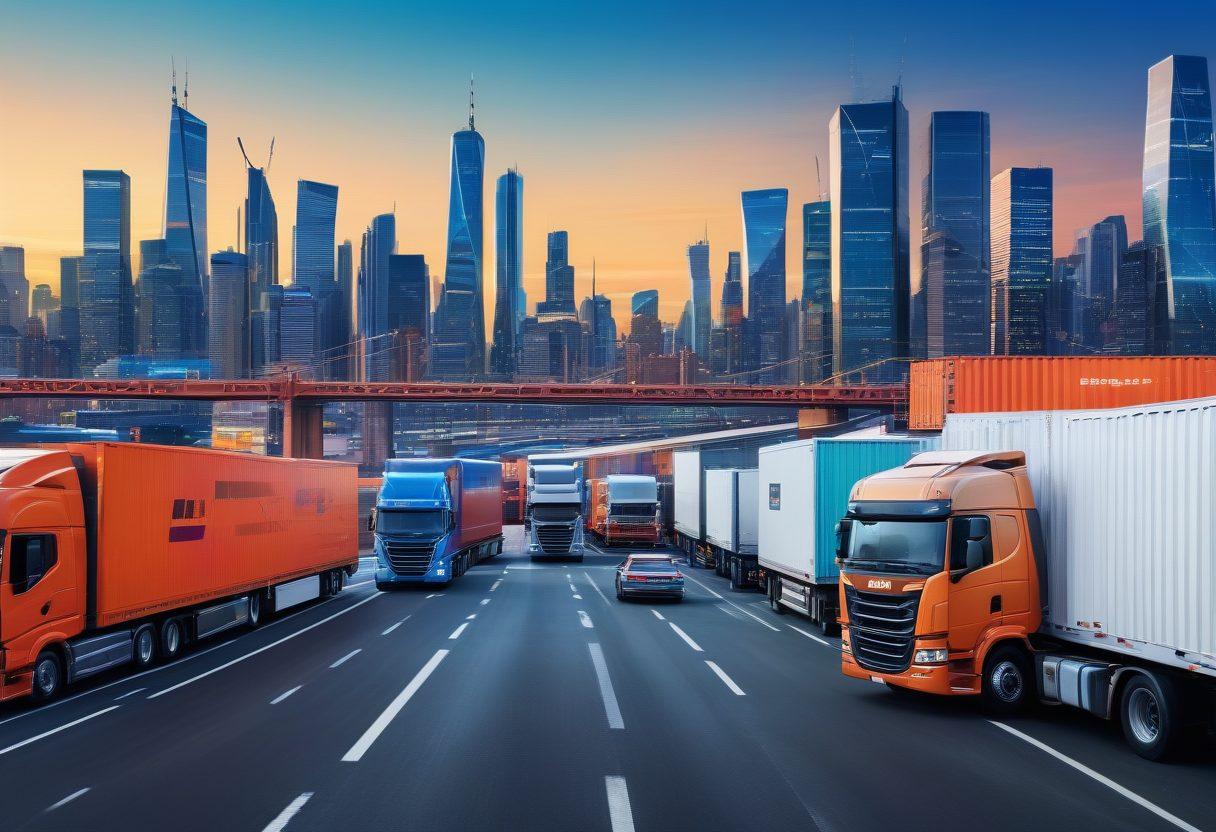 A dynamic scene depicting a busy logistics hub with trucks and containers efficiently arranged, showcasing advanced technology like digital screens displaying freight data and a map layout. Include diverse people collaborating and analyzing data, with a backdrop of a vibrant city skyline. The atmosphere should convey innovation and connectivity in freight services. super-realistic. vibrant colors. bright blue sky.
