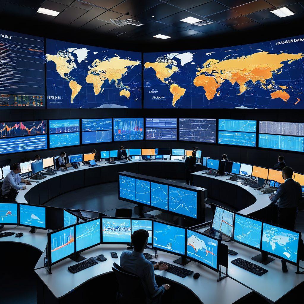 A sleek, modern logistics control room filled with digital screens showing dynamic load matching data, with professionals analyzing information collaboratively. Include vibrant arrows and graphs depicting real-time transport routes and matching loads, emphasizing efficiency and innovation. The backdrop features a world map with highlighted shipping routes. super-realistic. vibrant colors. futuristic tone.